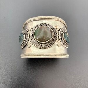 Unbranded Women Cuff Bracelet OS Silver Green Moss Agate Filigree Vintage Style